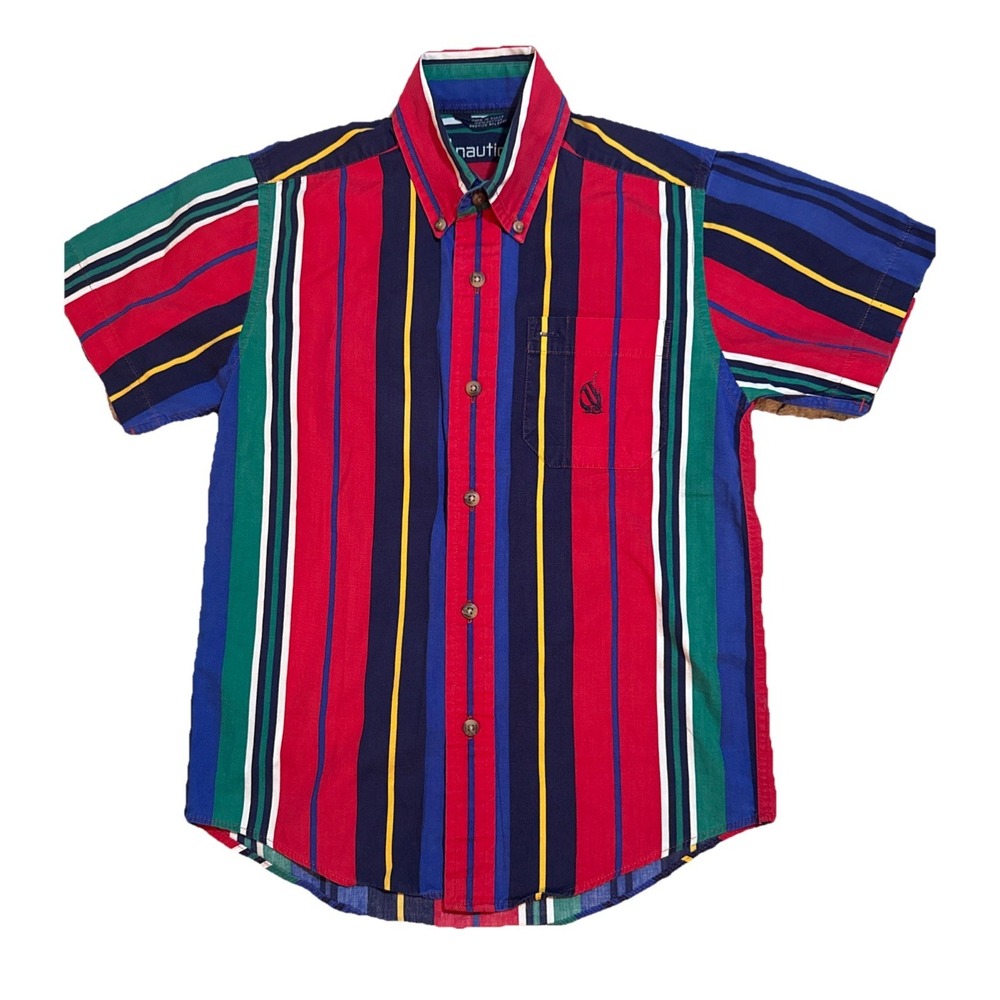 Nautica‎ Button Up Shirt YOUTH BOYS Size 7 Short Sleeve Primary Vintage Stripe